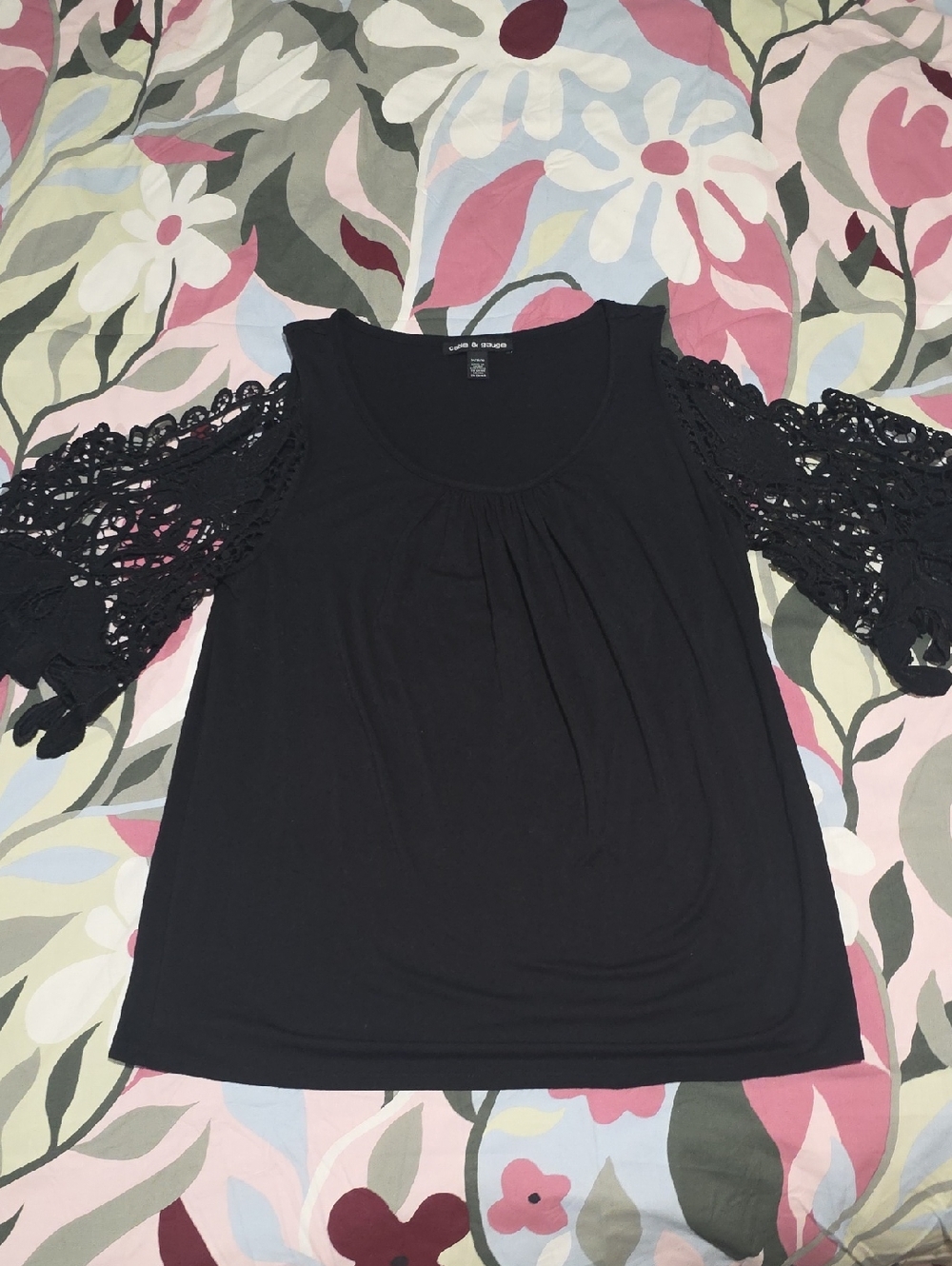 Cable & Gauge Black Cold-Shoulder Crochet Sleeve Top
